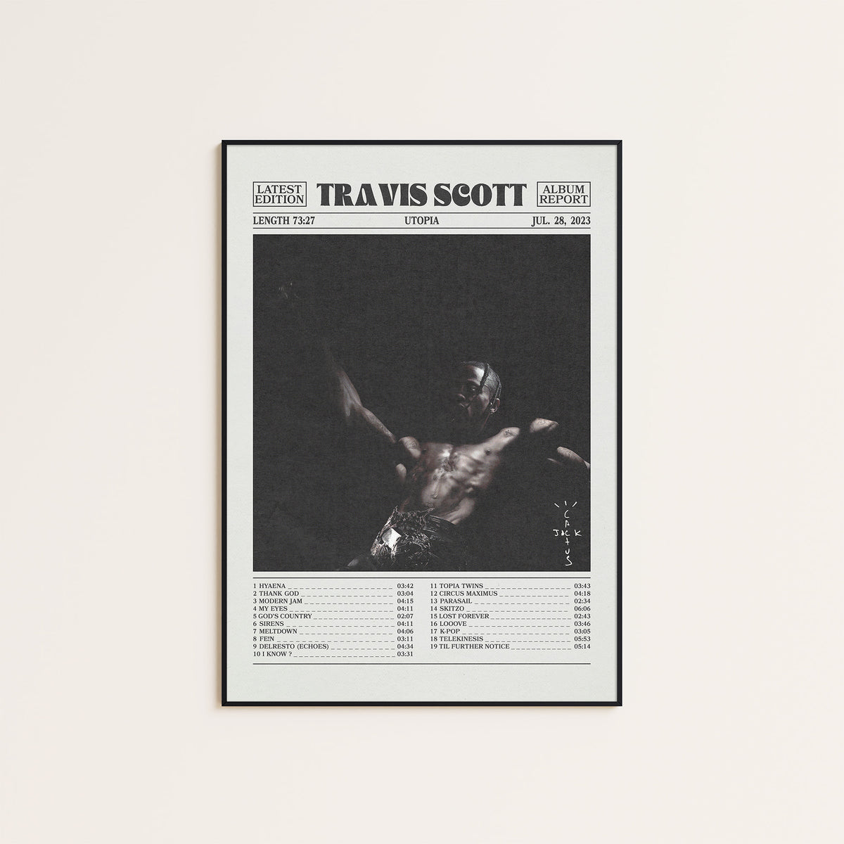 Travis Scott Utopia newspaper poster, Tracklist — black frame display