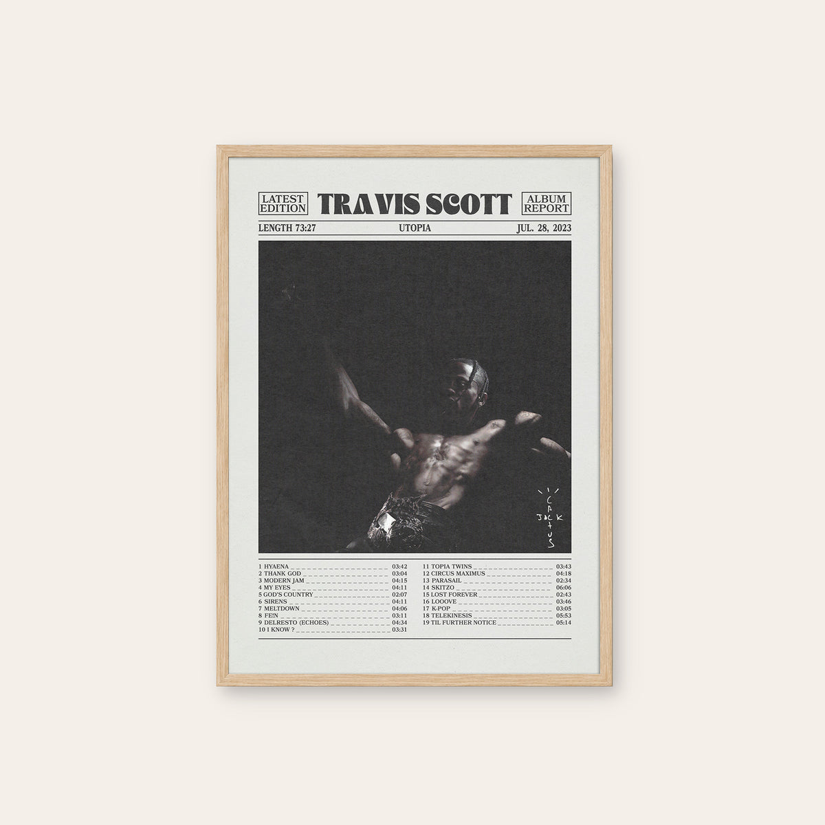 Travis Scott Utopia newspaper poster, Tracklist — natural wood frame