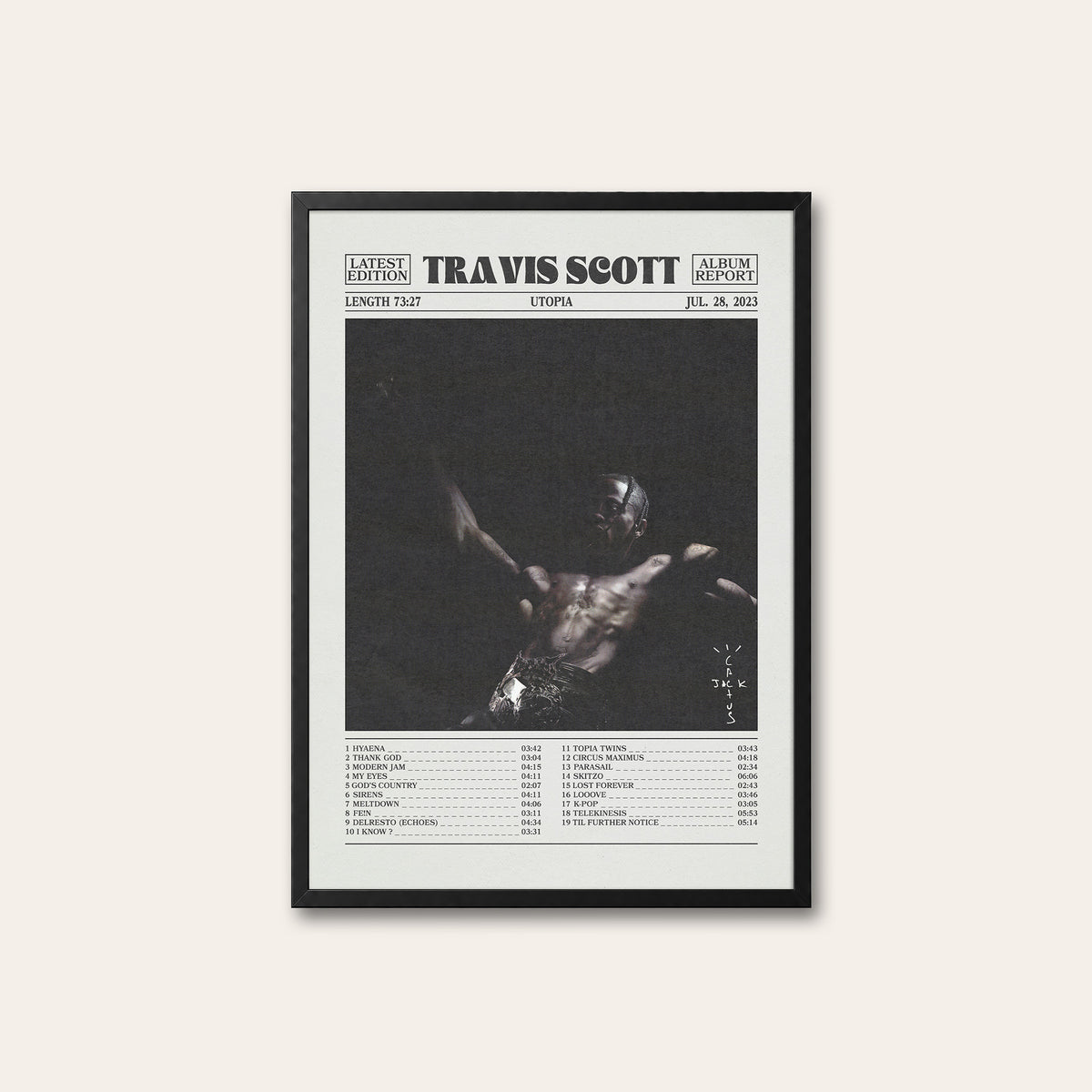 Travis Scott Utopia newspaper poster, Tracklist — black frame