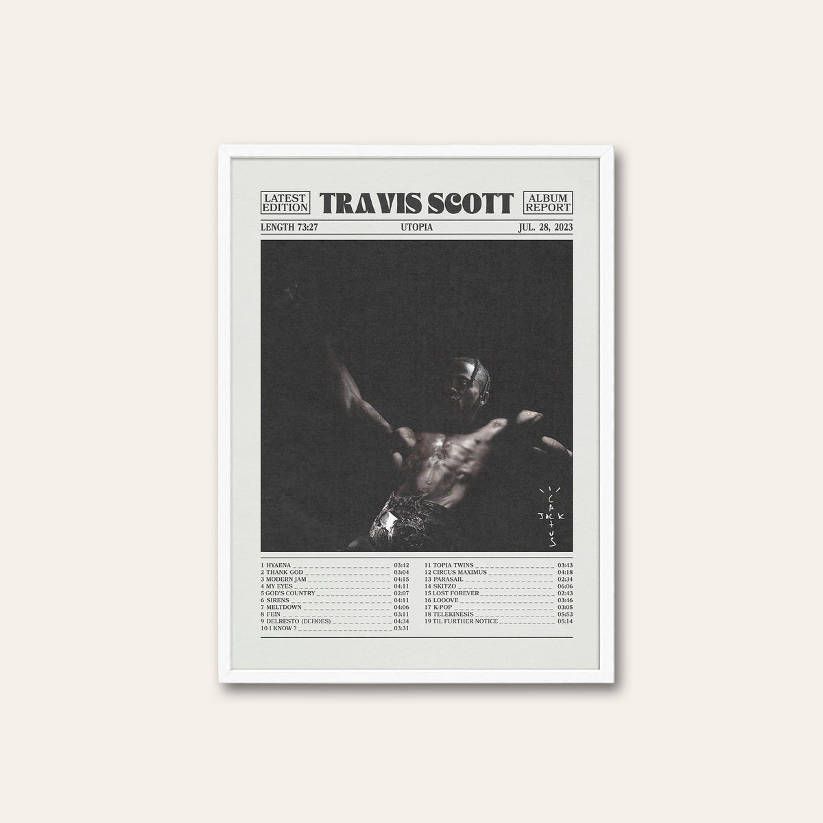 Travis Scott Utopia newspaper poster, Tracklist — white frame