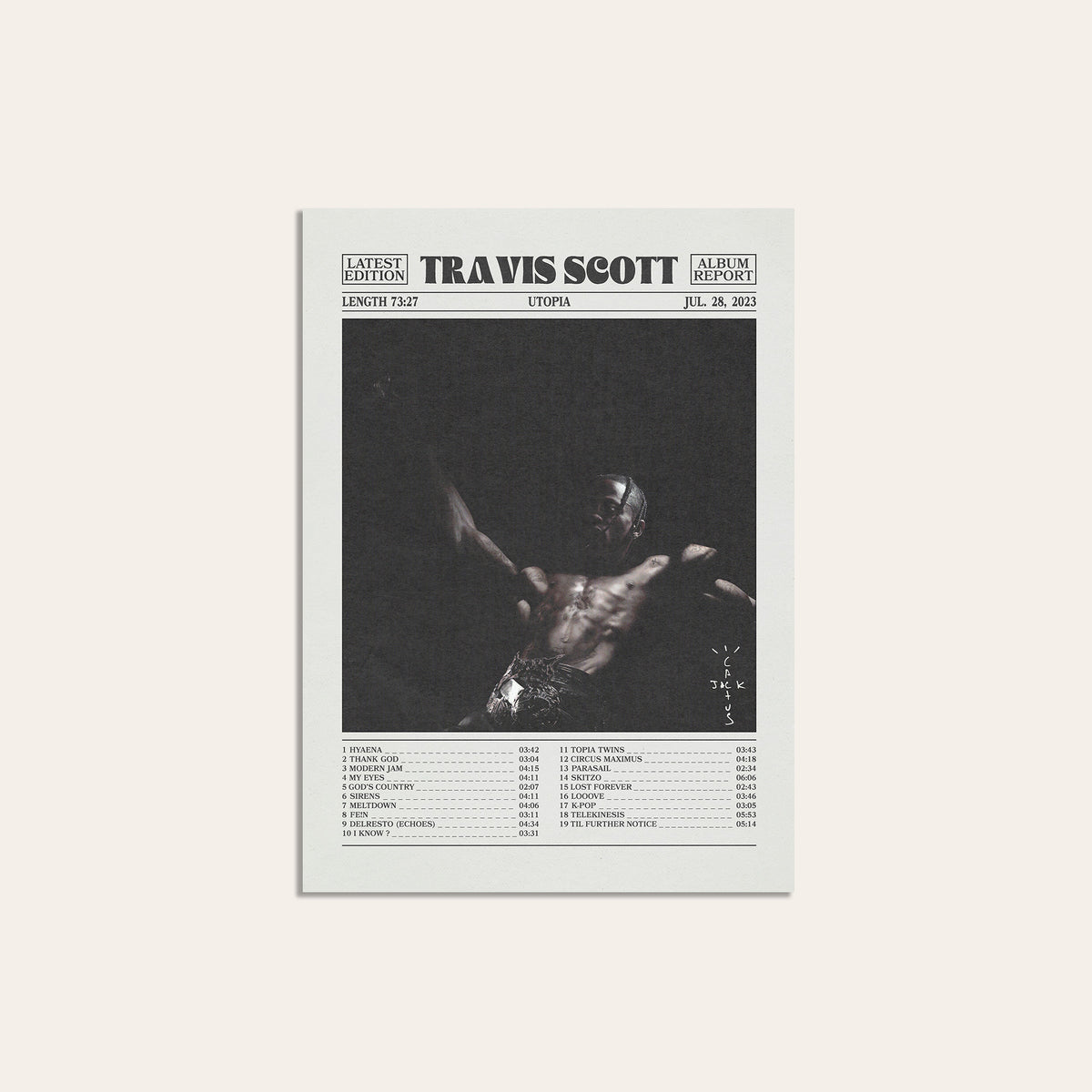 Travis Scott Utopia newspaper poster, Tracklist — unframed print