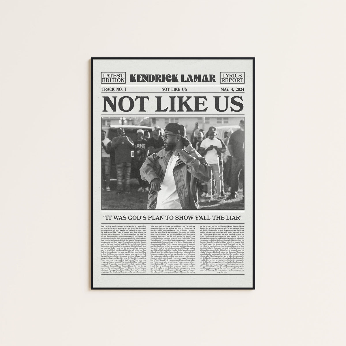 Kendrick Lamar Not Like Us newspaper poster — black frame display