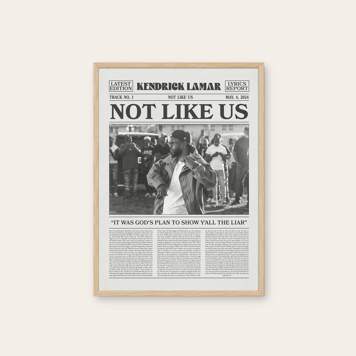 Kendrick Lamar Not Like Us newspaper poster — natural wood frame