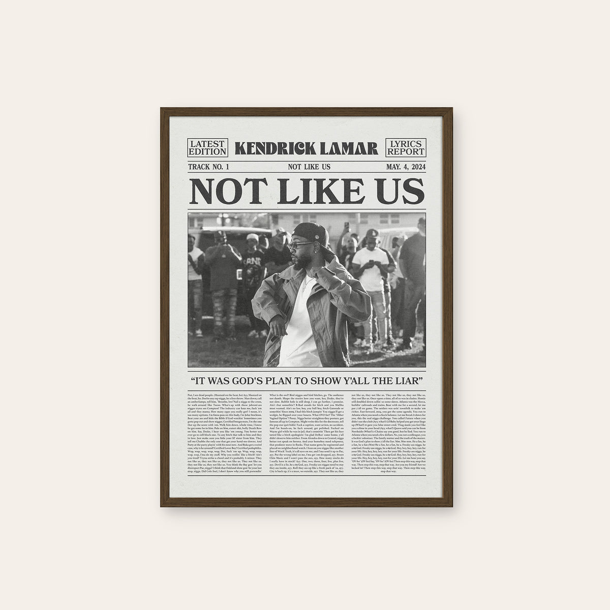 Kendrick Lamar Not Like Us newspaper poster — dark wood frame
