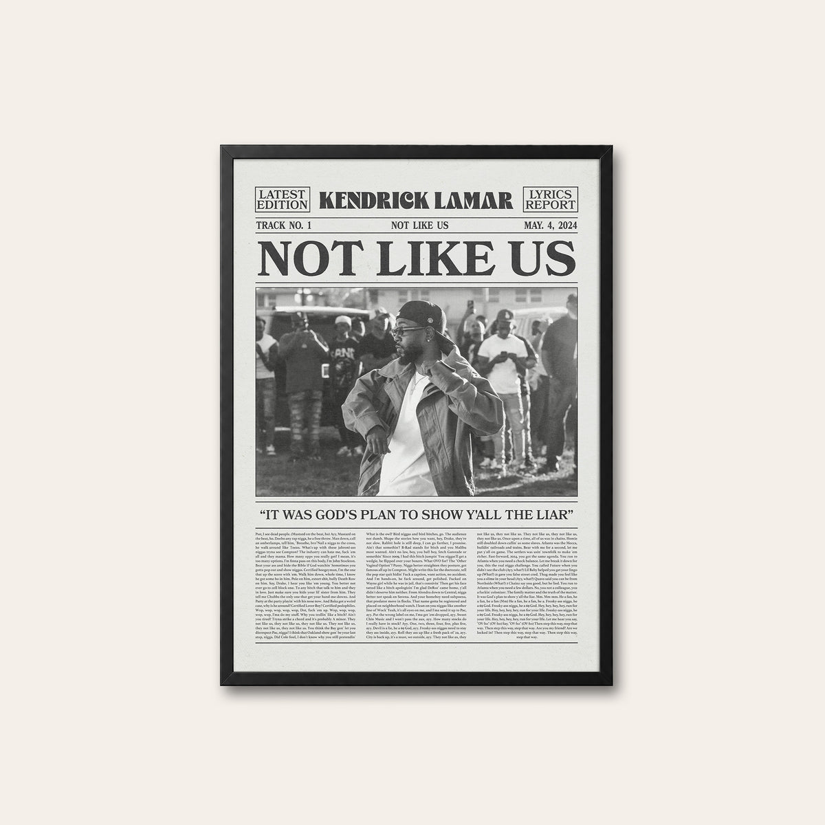 Kendrick Lamar Not Like Us newspaper poster — black frame