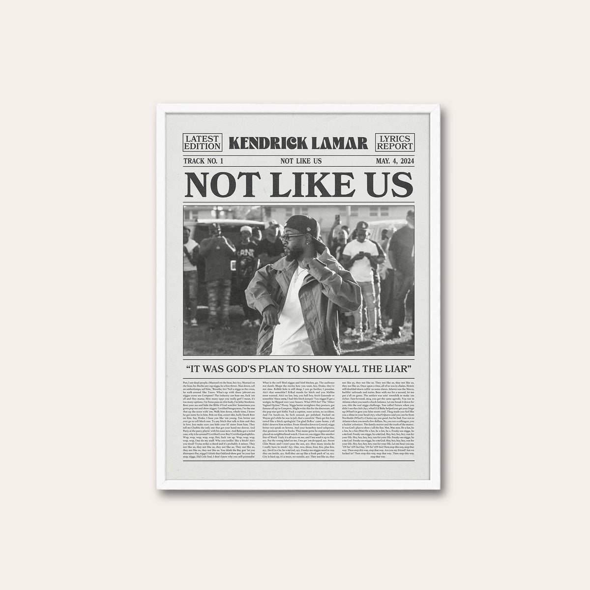 Kendrick Lamar Not Like Us newspaper poster — white frame
