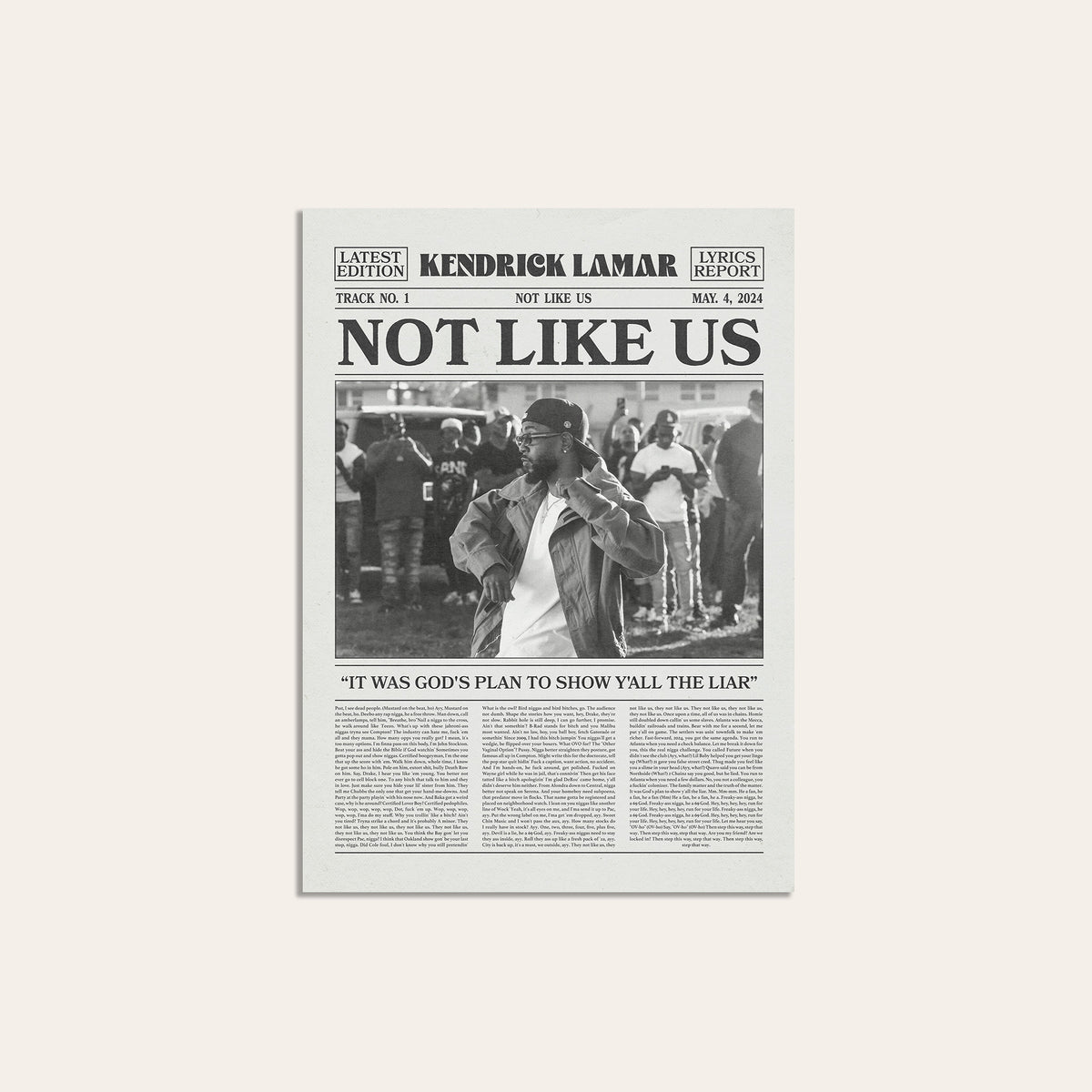 Kendrick Lamar Not Like Us newspaper poster — unframed print