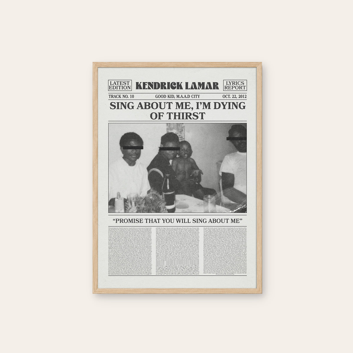 Kendrick Lamar Sing About Me, I'm Dying of Thirst newspaper poster — natural wood frame
