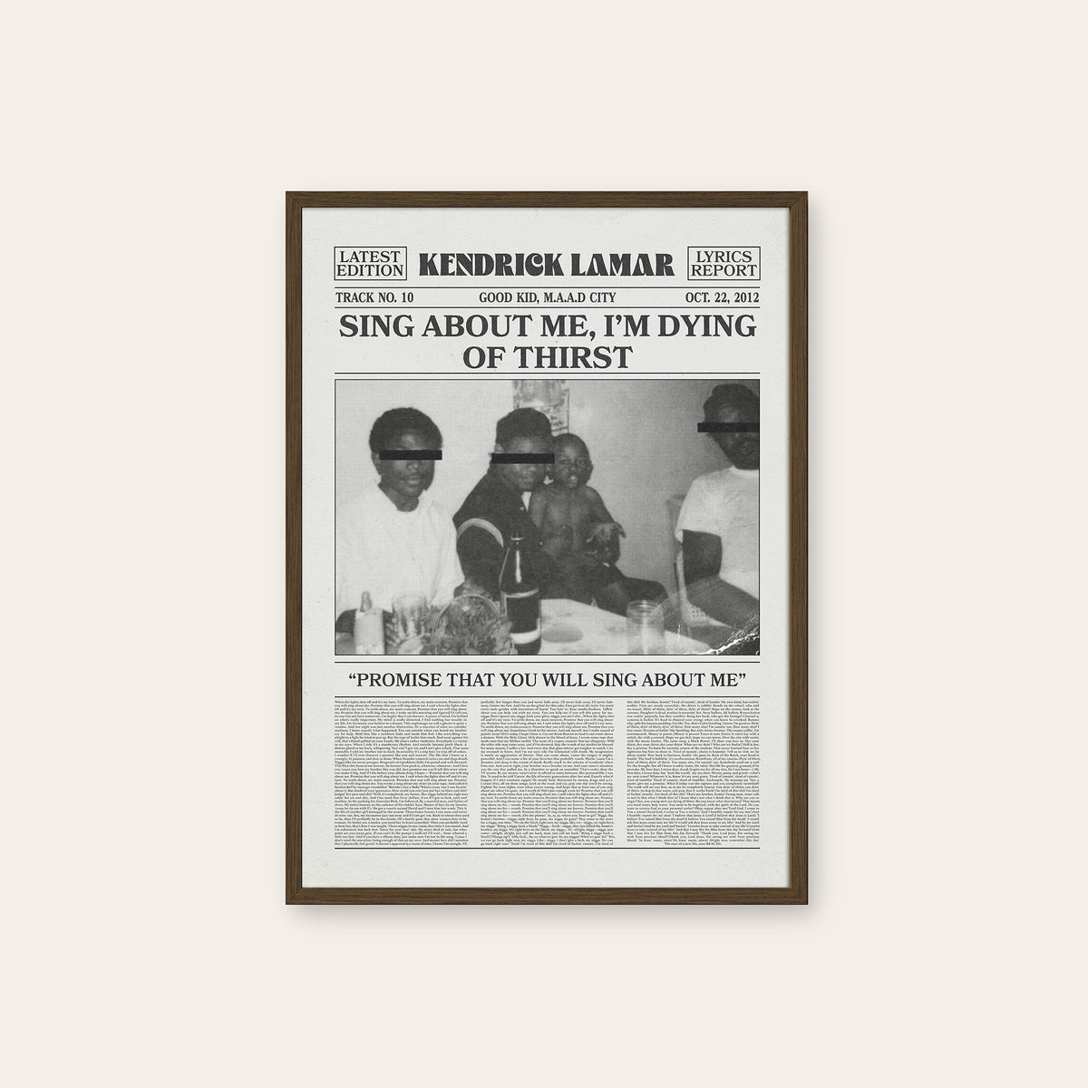 Kendrick Lamar Sing About Me, I'm Dying of Thirst newspaper poster — dark wood frame
