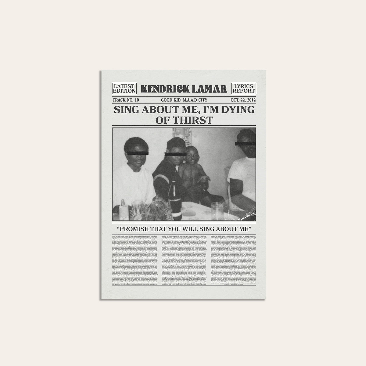Kendrick Lamar Sing About Me, I'm Dying of Thirst newspaper poster — unframed print