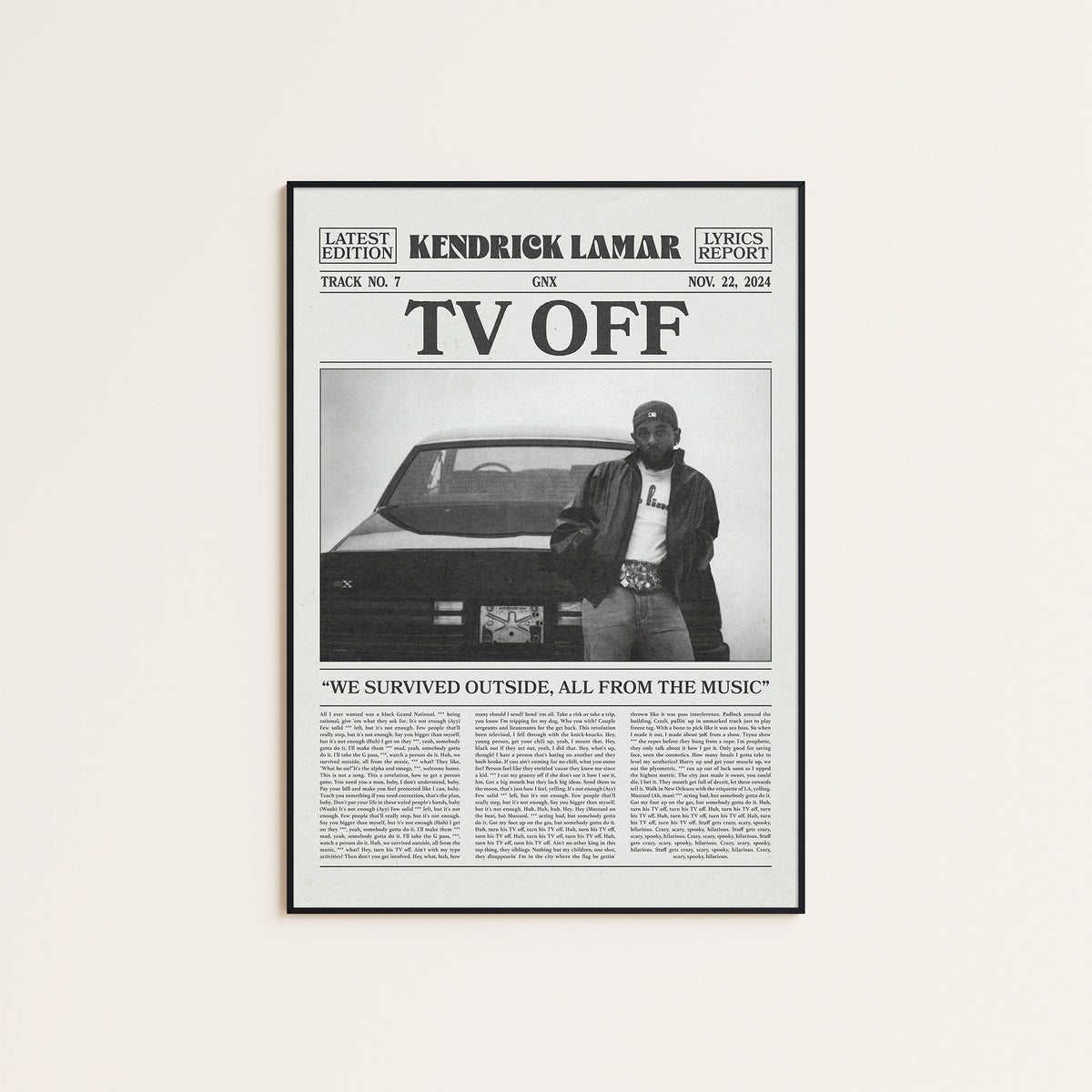 Kendrick Lamar TV Off newspaper poster — black frame display