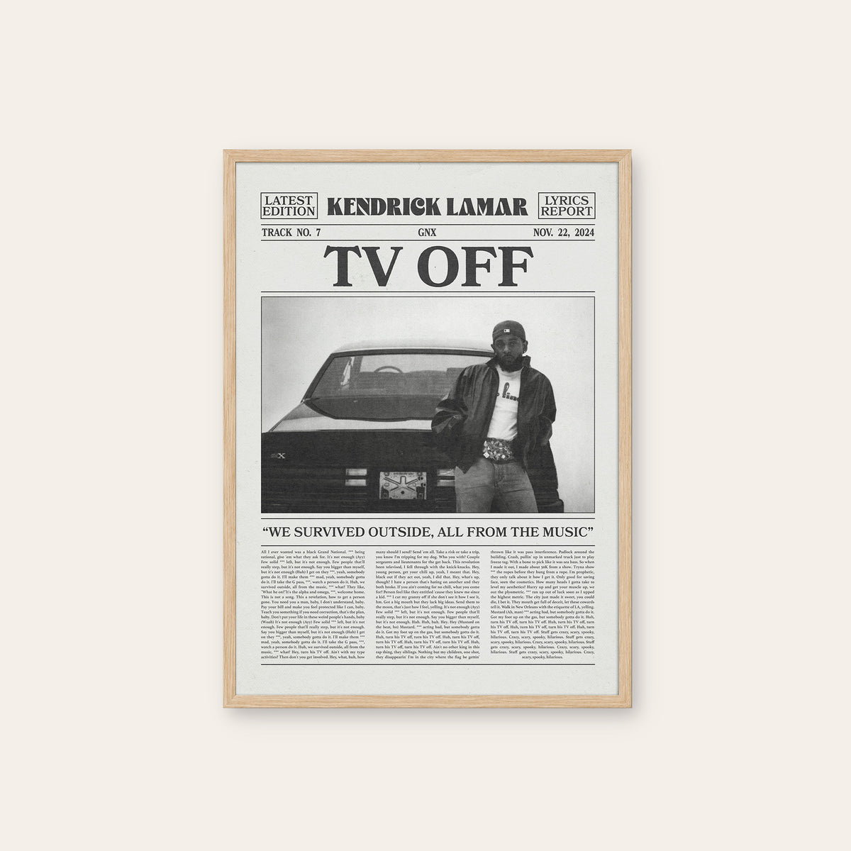 Kendrick Lamar TV Off newspaper poster — natural wood frame