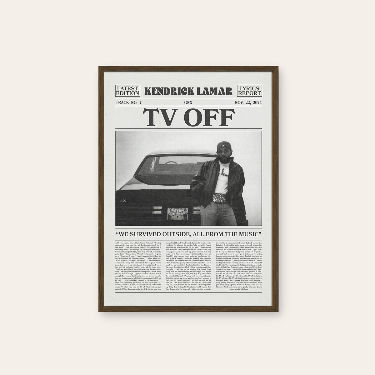 Kendrick Lamar TV Off newspaper poster — dark wood frame