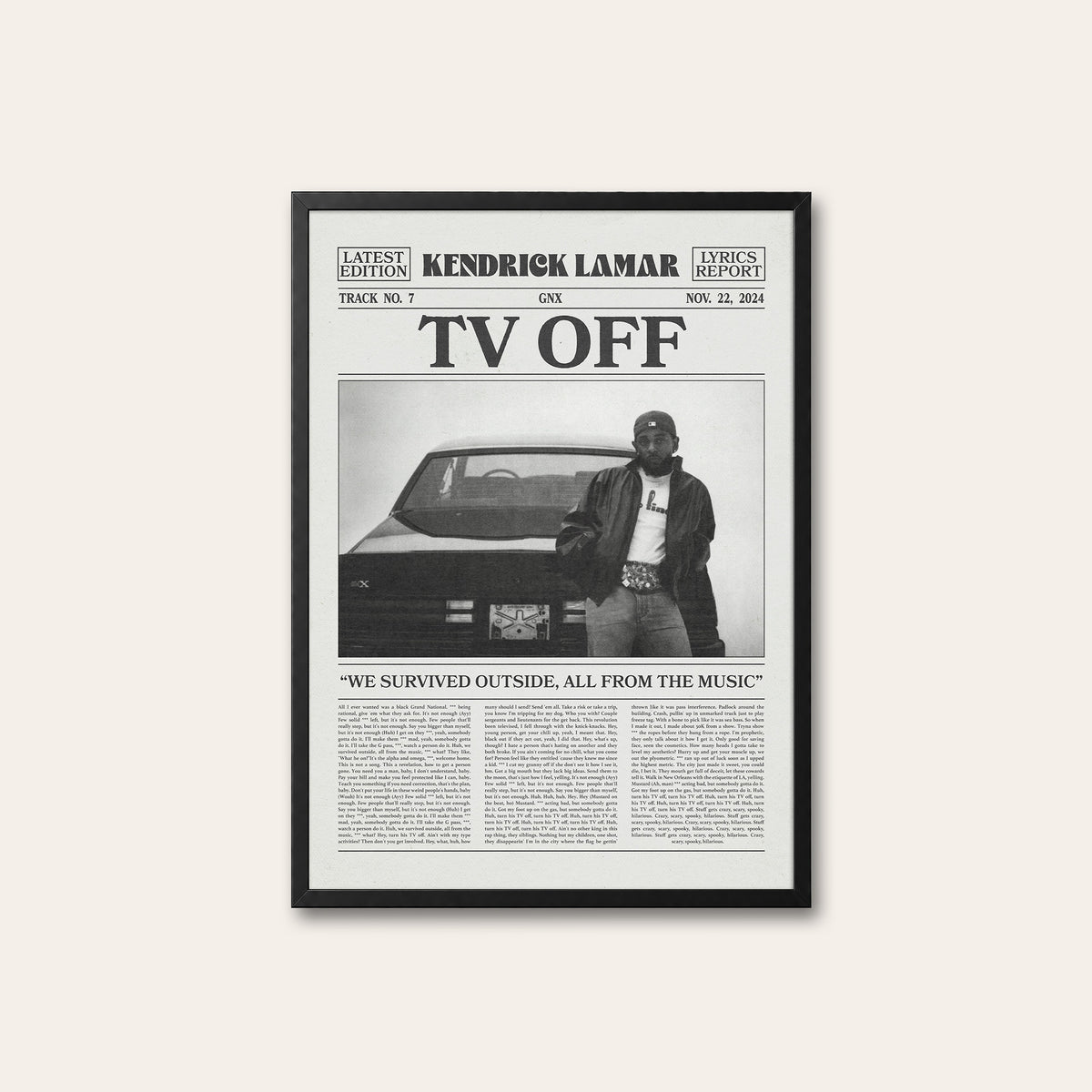 Kendrick Lamar TV Off newspaper poster — black frame