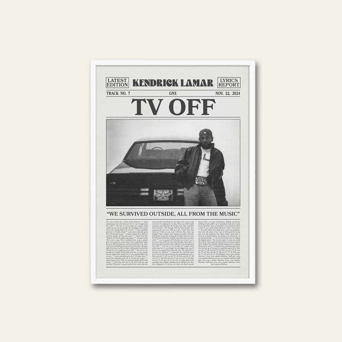 Kendrick Lamar TV Off newspaper poster — white frame