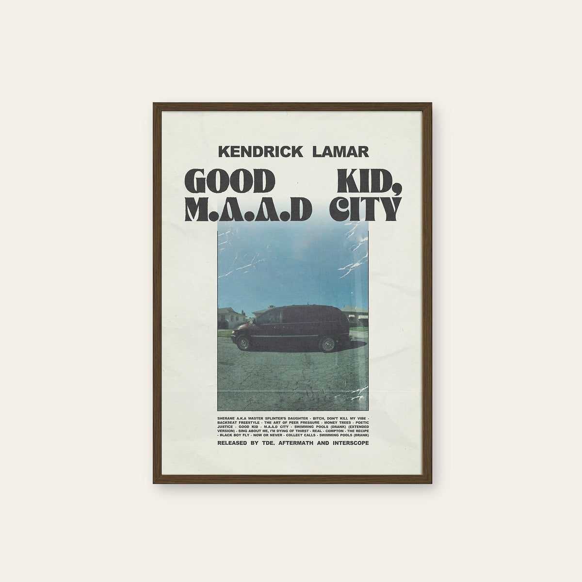 Kendrick Lamar Good Kid, M.A.A.D City Van Edition album poster — dark wood frame