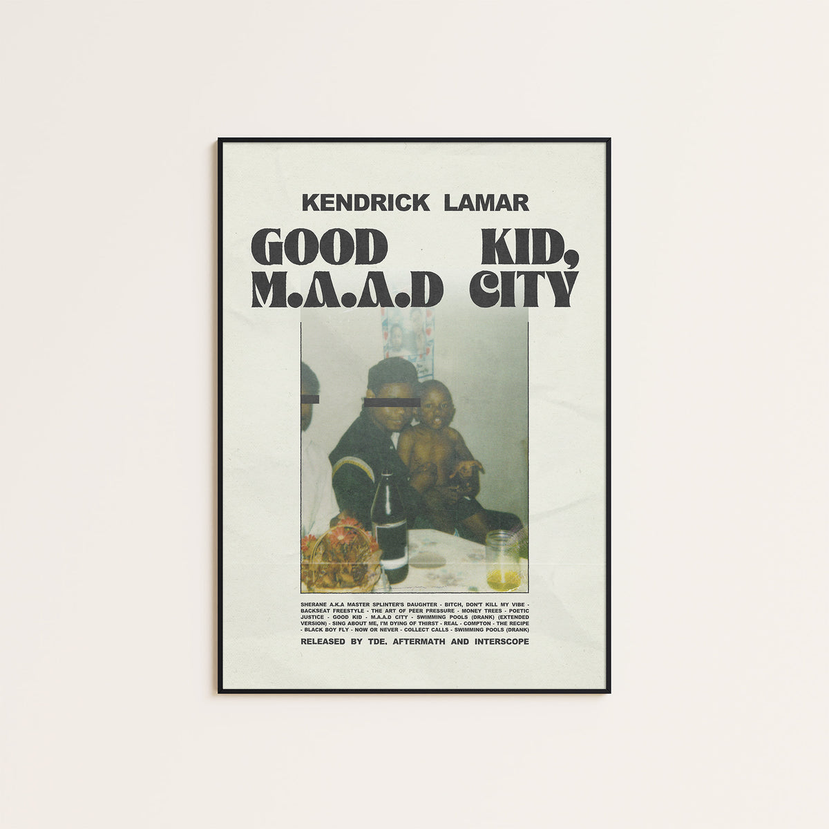 Kendrick Lamar Good Kid, M.A.A.D City Family Portrait Edition album poster — black frame display