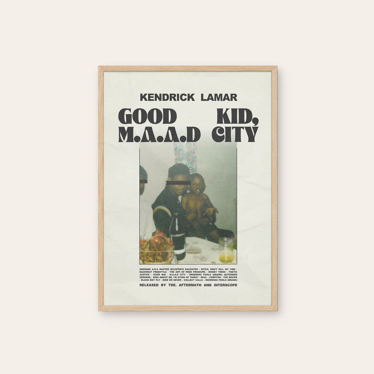 Kendrick Lamar Good Kid, M.A.A.D City Family Portrait Edition album poster — natural wood frame
