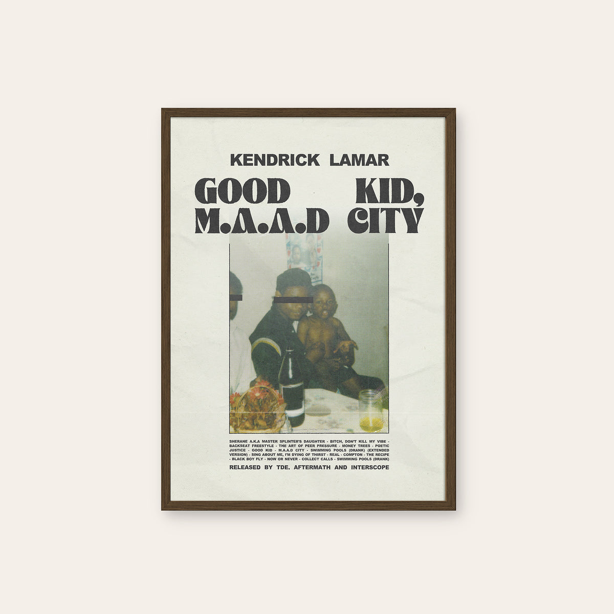 Kendrick Lamar Good Kid, M.A.A.D City Family Portrait Edition album poster — dark wood frame