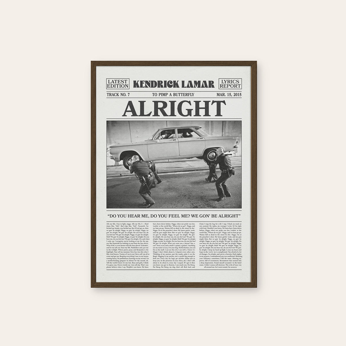Kendrick Lamar Alright newspaper poster — dark wood frame