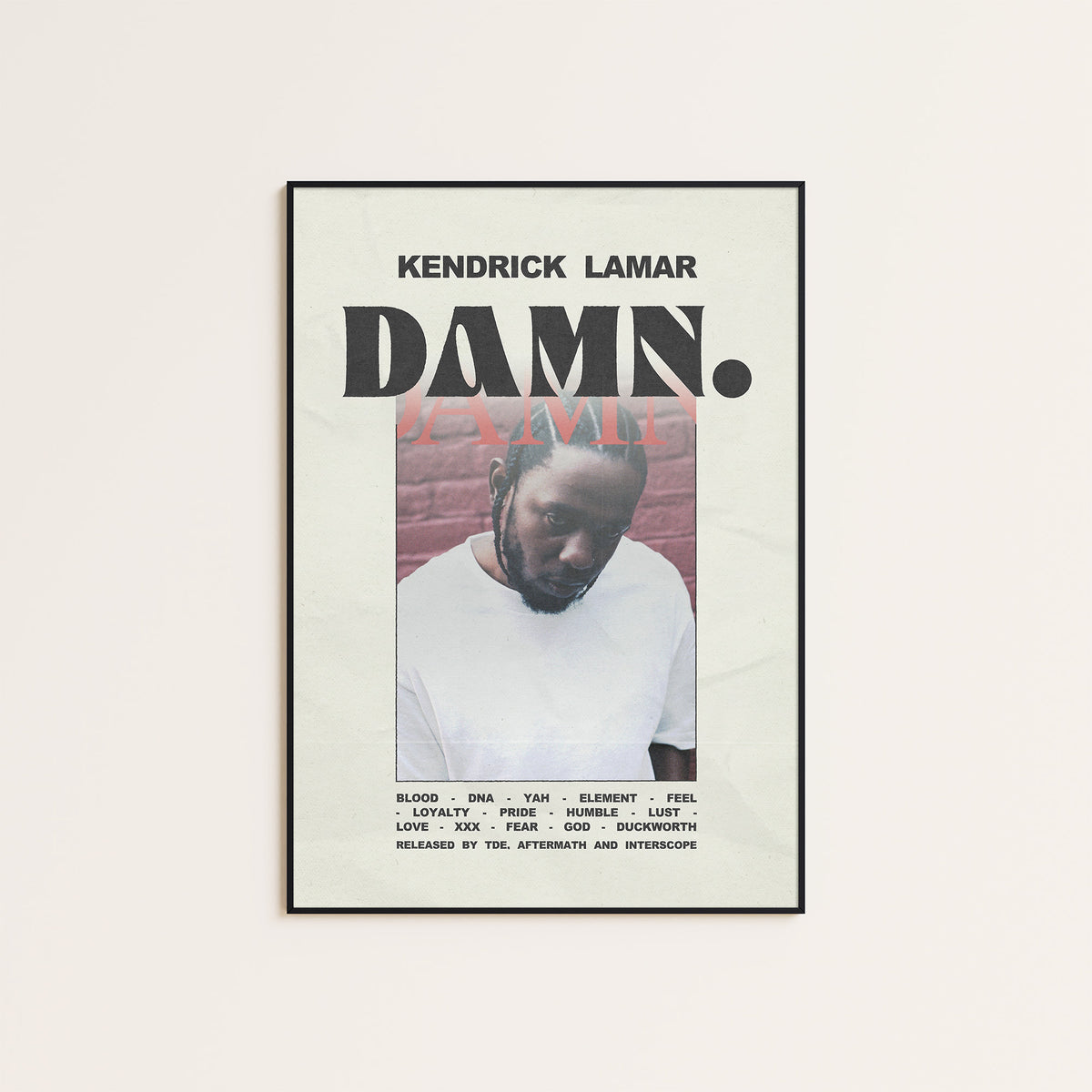 Kendrick Lamar DAMN. Color Portrait album poster — black frame display