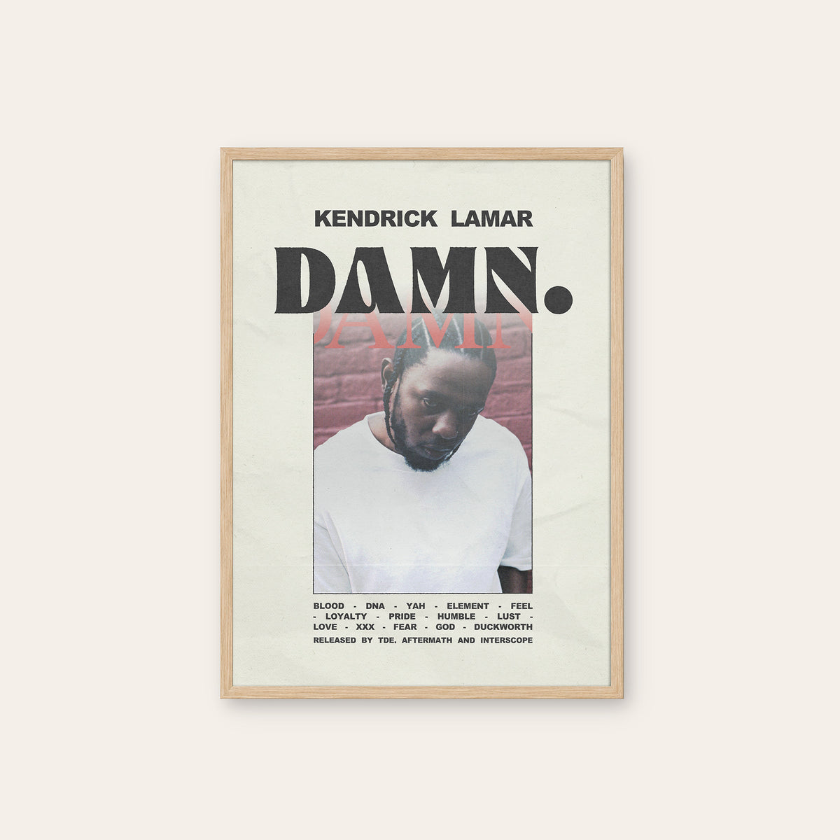 Kendrick Lamar DAMN. Color Portrait album poster — natural wood frame