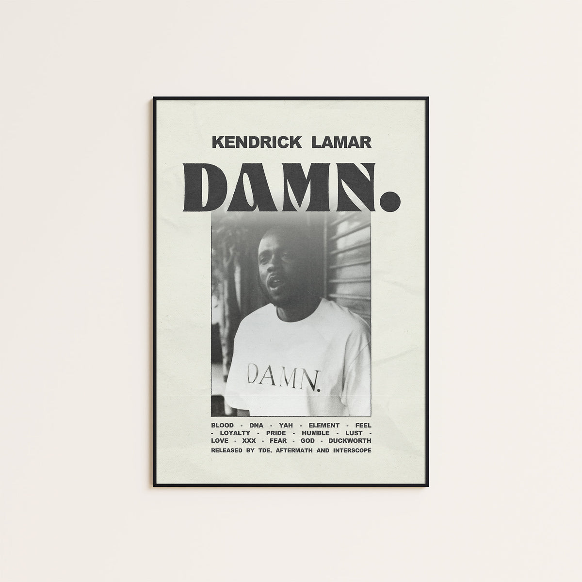 Kendrick Lamar DAMN. Monochrome Portrait album poster — black frame display