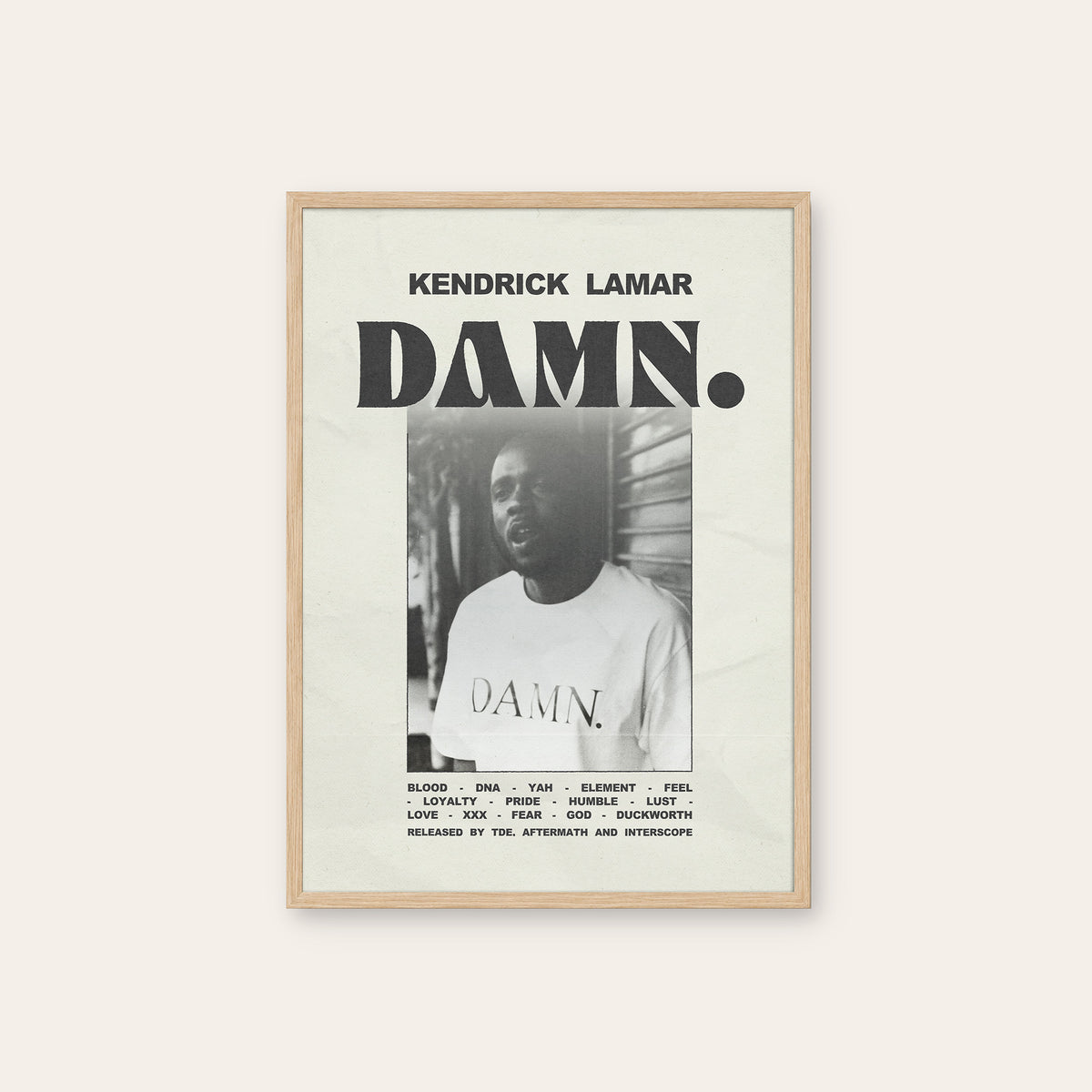 Kendrick Lamar DAMN. Monochrome Portrait album poster — natural wood frame
