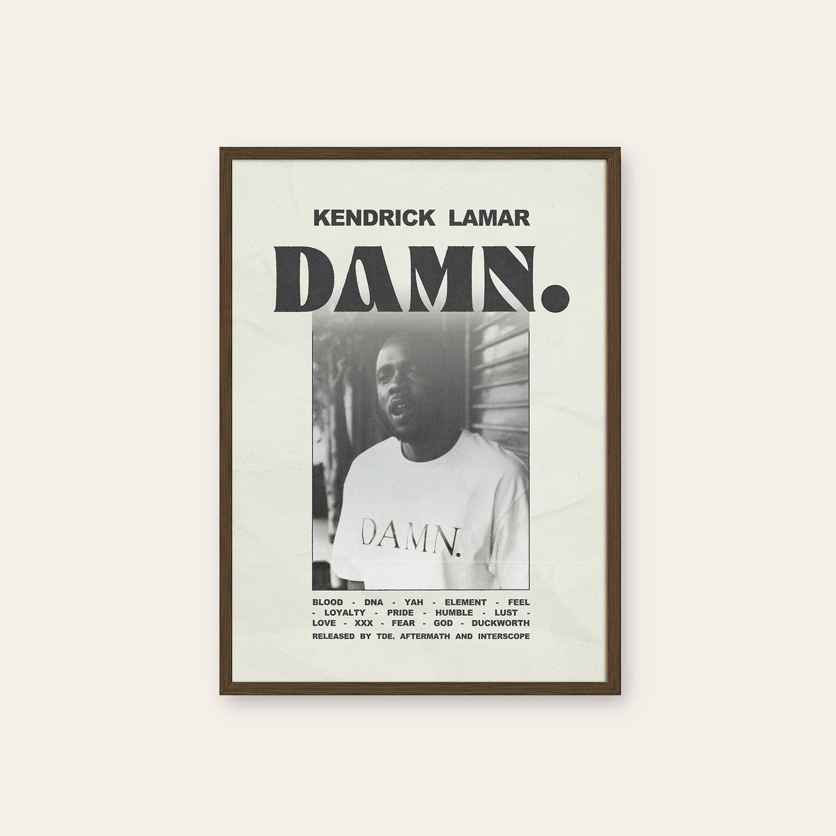 Kendrick Lamar DAMN. Monochrome Portrait album poster — dark wood frame