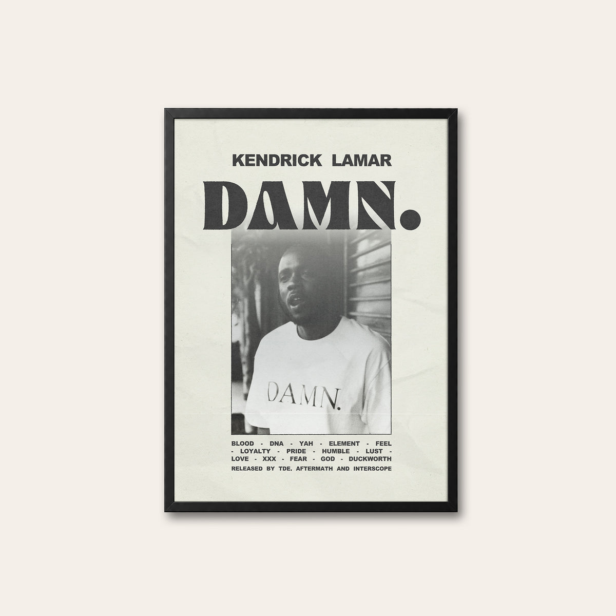 Kendrick Lamar DAMN. Monochrome Portrait album poster — black frame