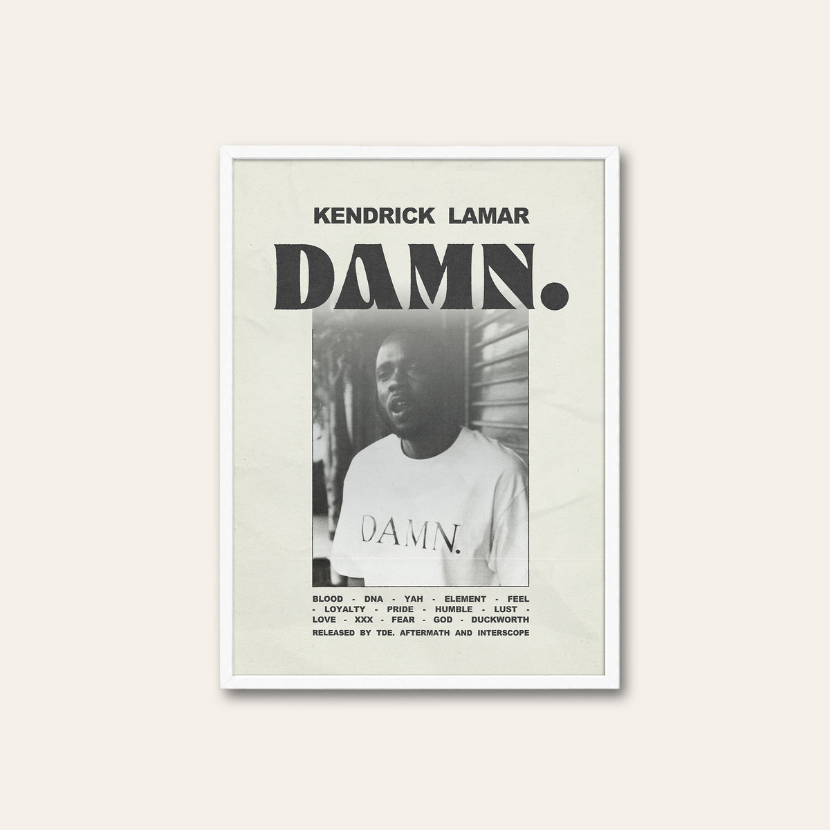 Kendrick Lamar DAMN. Monochrome Portrait album poster — white frame