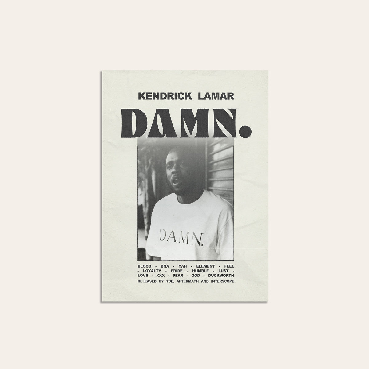 Kendrick Lamar DAMN. Monochrome Portrait album poster — unframed print