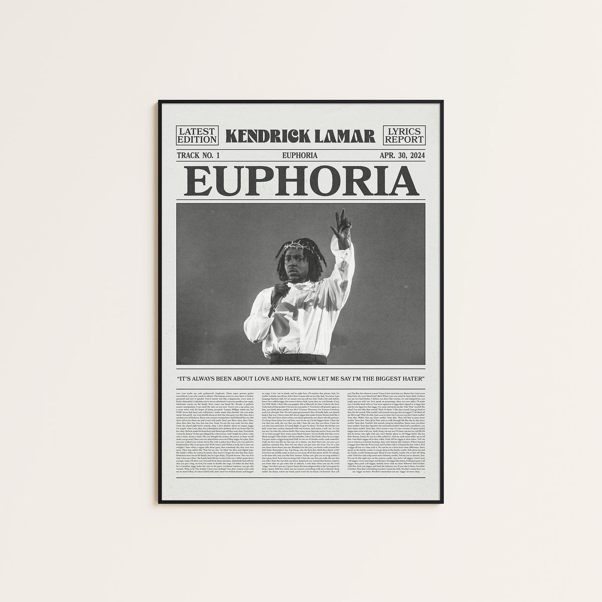 Kendrick Lamar Euphoria newspaper poster — black frame display