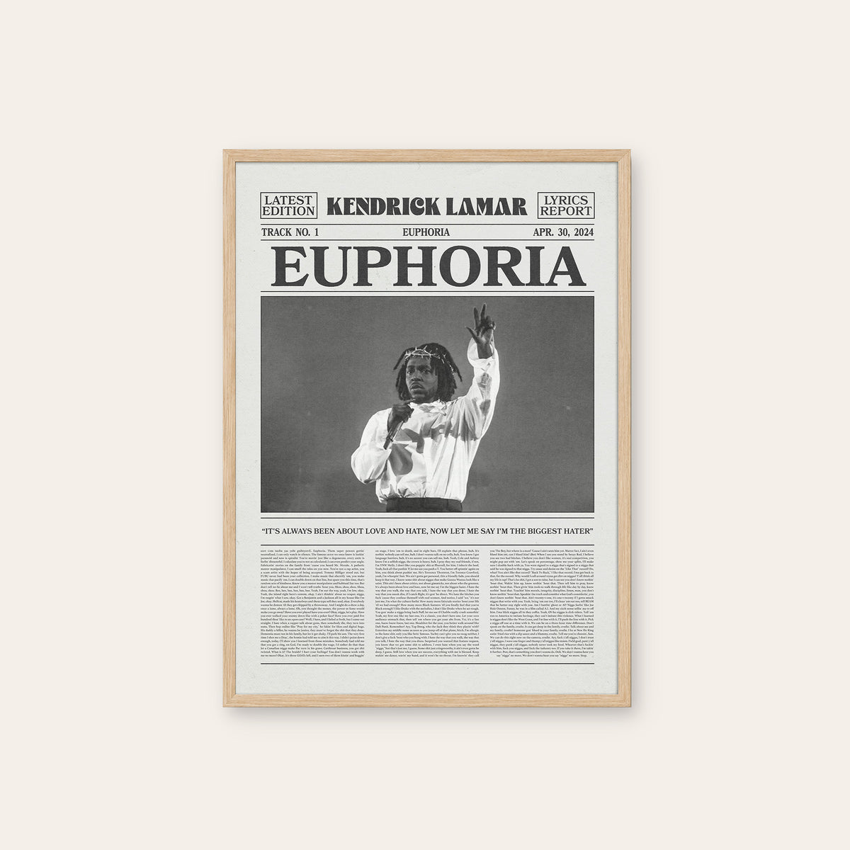 Kendrick Lamar Euphoria newspaper poster — natural wood frame