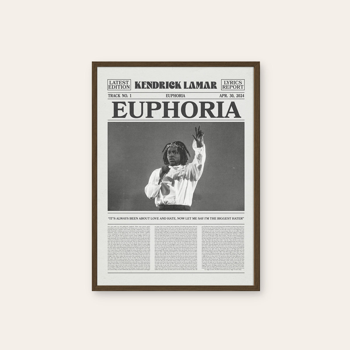 Kendrick Lamar Euphoria newspaper poster — dark wood frame