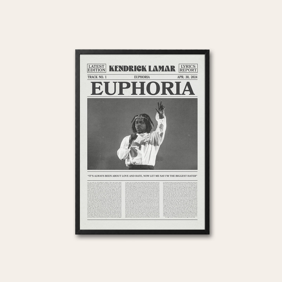Kendrick Lamar Euphoria newspaper poster — black frame