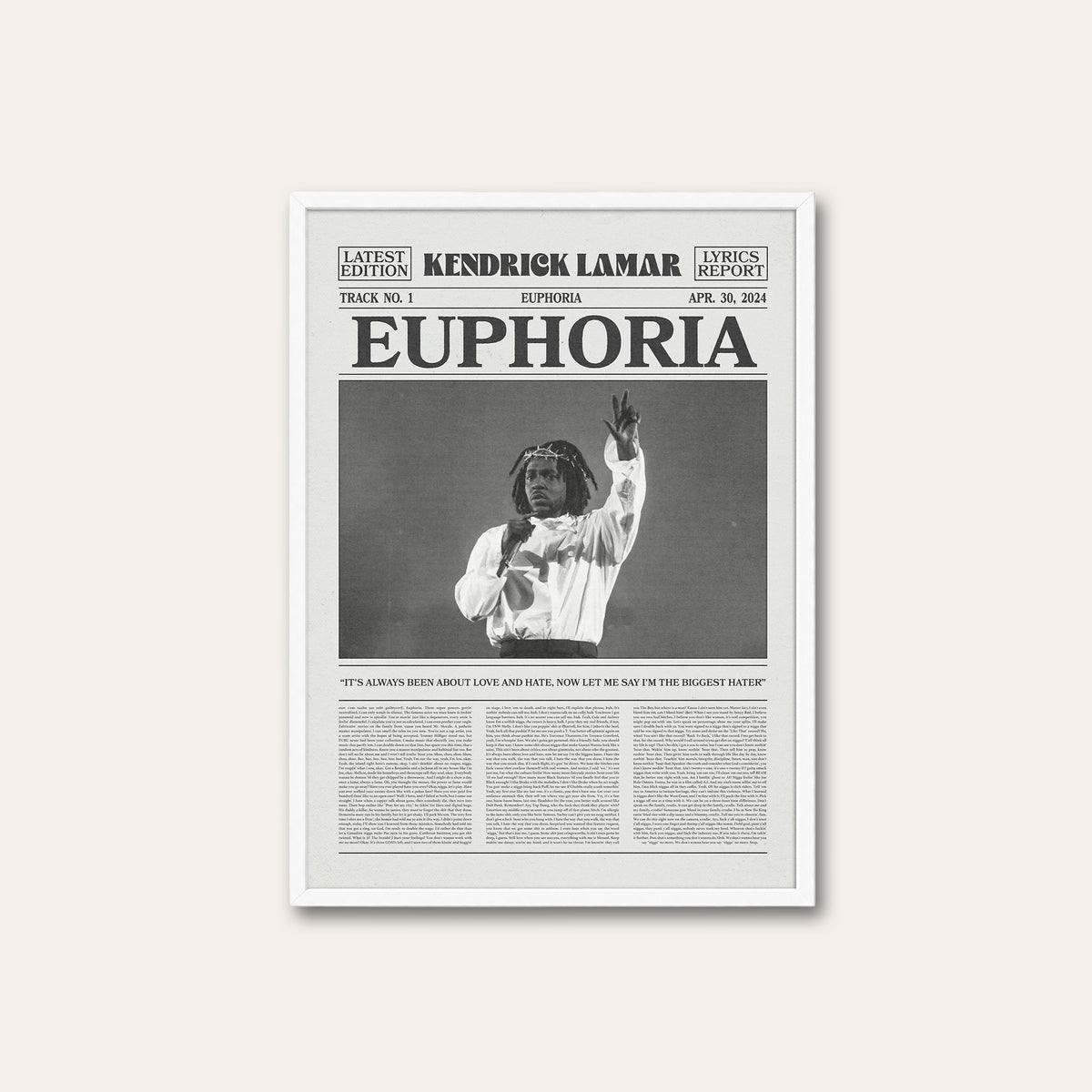 Kendrick Lamar Euphoria newspaper poster — white frame