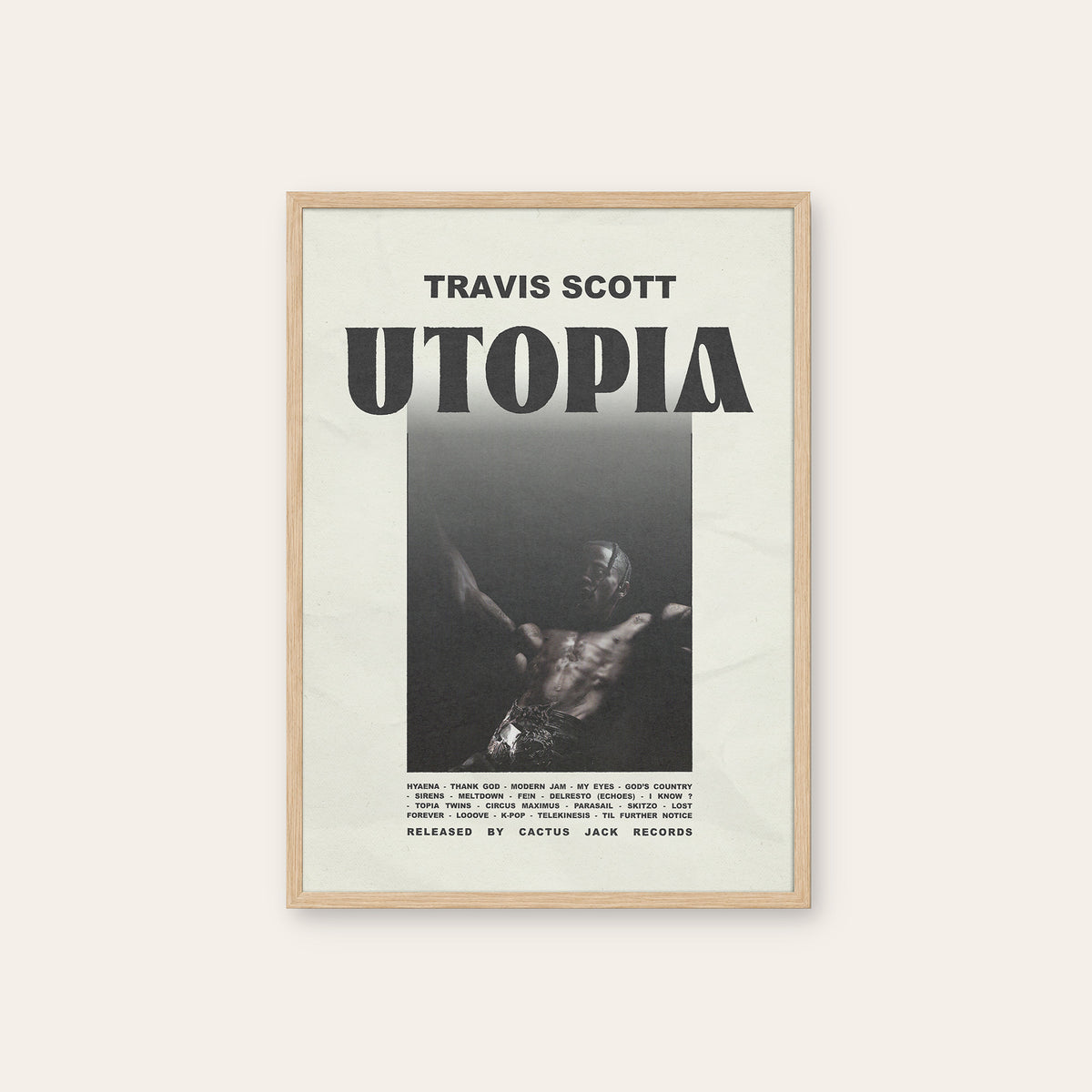 Travis Scott Utopia newspaper poster, Headline — natural wood frame