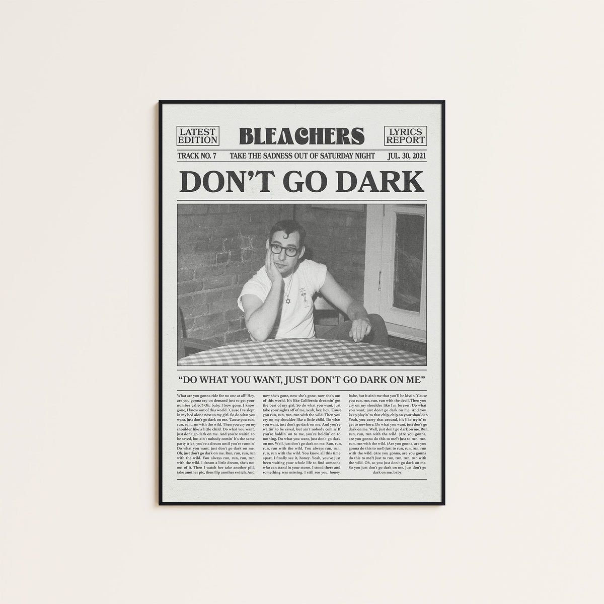 Bleachers Don't Go Dark newspaper poster — black frame display