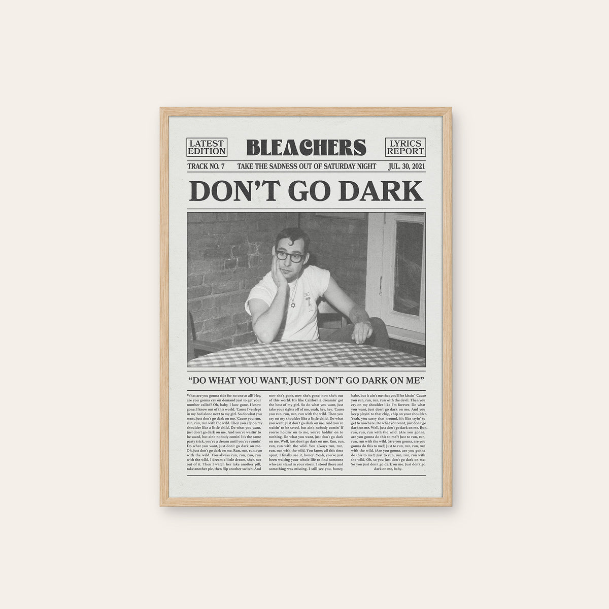 Bleachers Don't Go Dark newspaper poster — natural wood frame