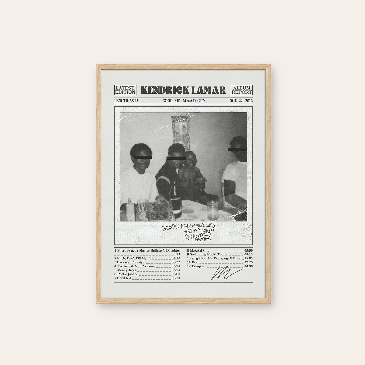Kendrick Lamar Good Kid, M.A.A.D City Album Report album poster — natural wood frame