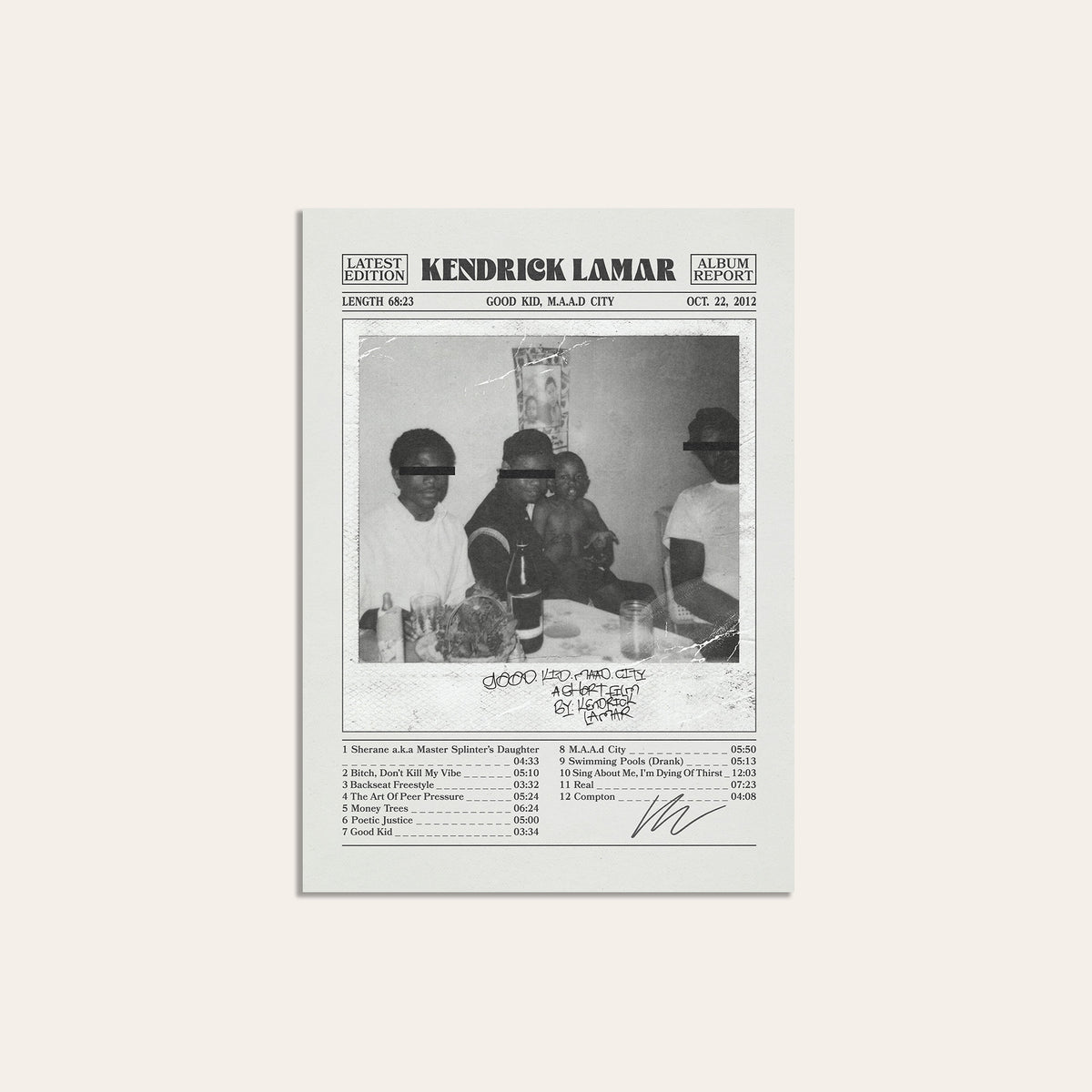 Kendrick Lamar Good Kid, M.A.A.D City Album Report album poster — unframed print