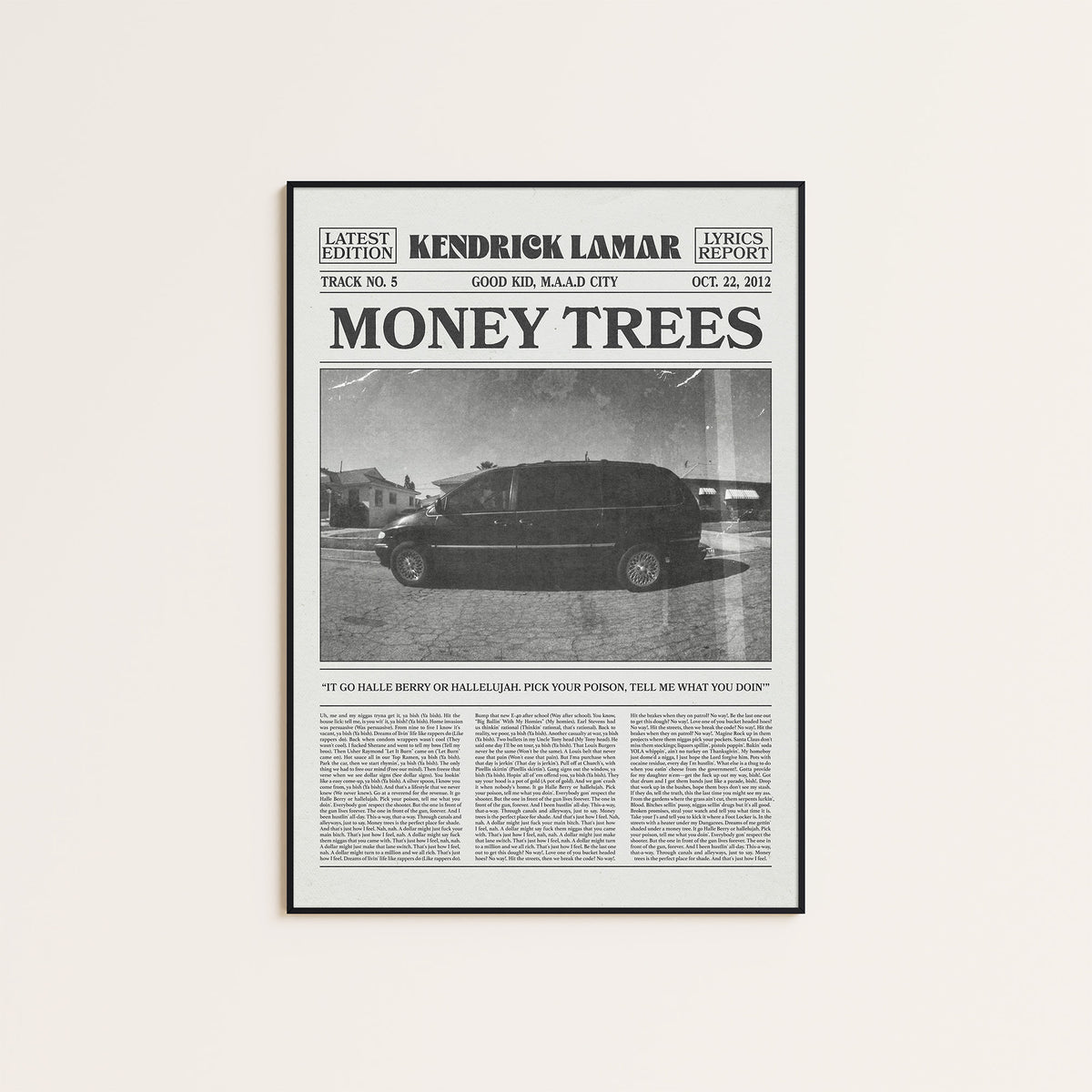 Kendrick Lamar Money Trees newspaper poster — black frame display