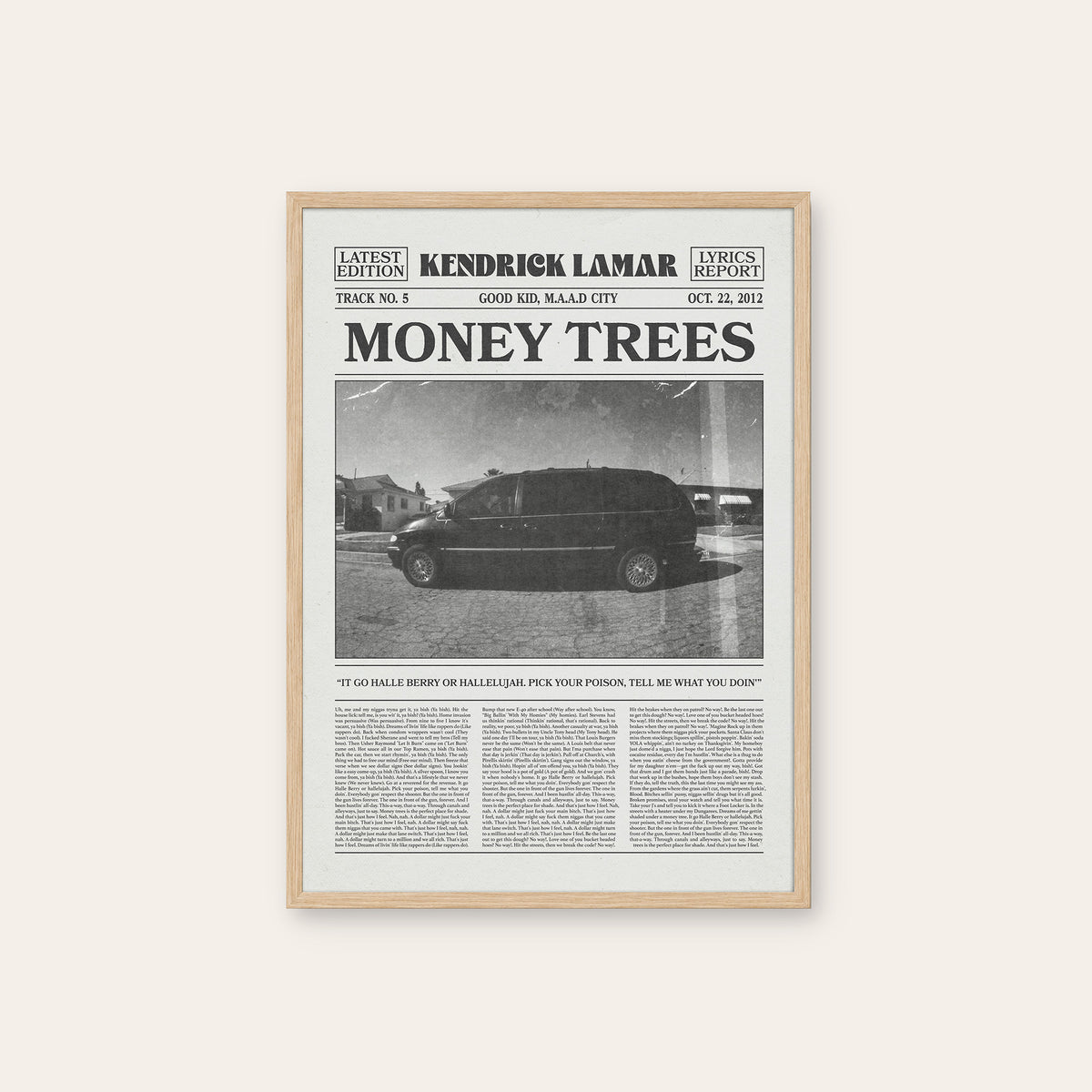 Kendrick Lamar Money Trees newspaper poster — natural wood frame
