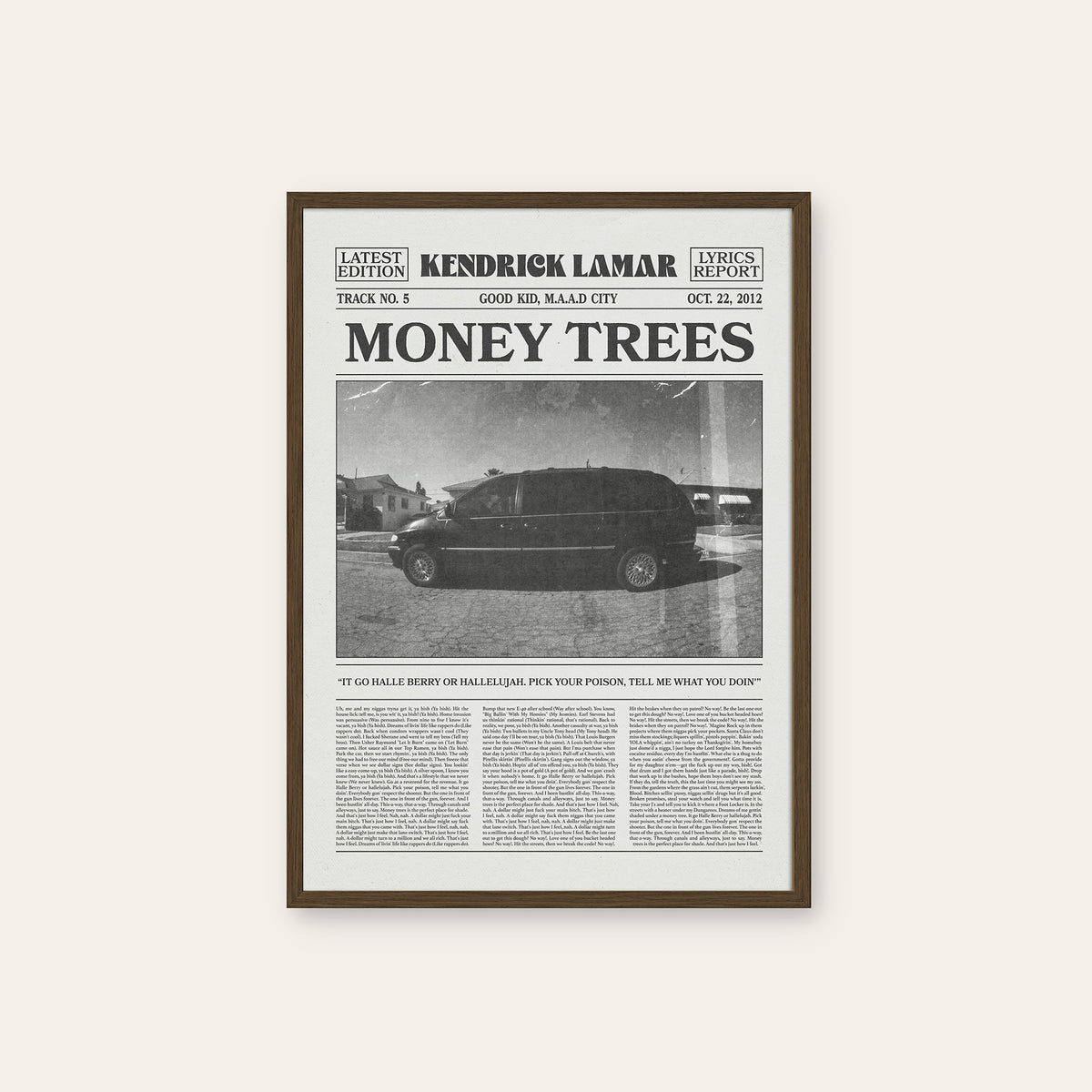 Kendrick Lamar Money Trees newspaper poster — dark wood frame