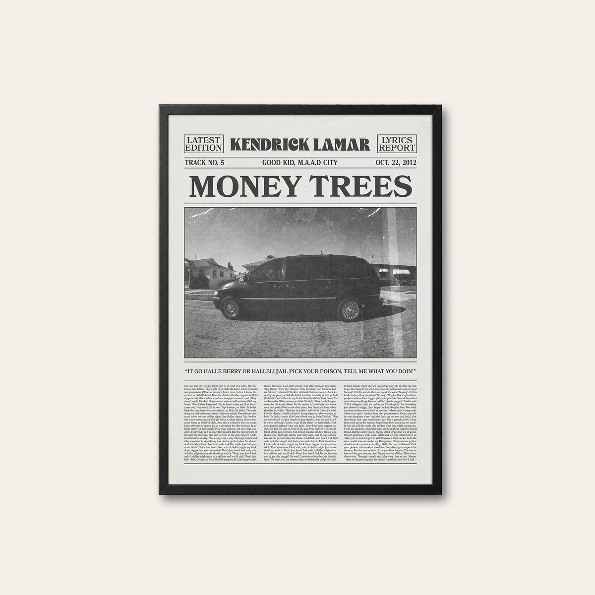 Kendrick Lamar Money Trees newspaper poster — black frame