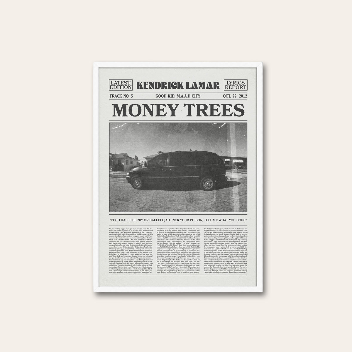 Kendrick Lamar Money Trees newspaper poster — white frame