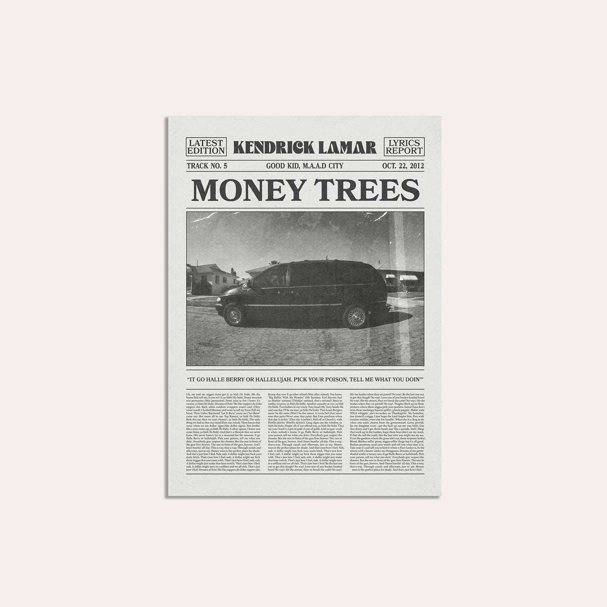 Kendrick Lamar Money Trees newspaper poster — unframed print
