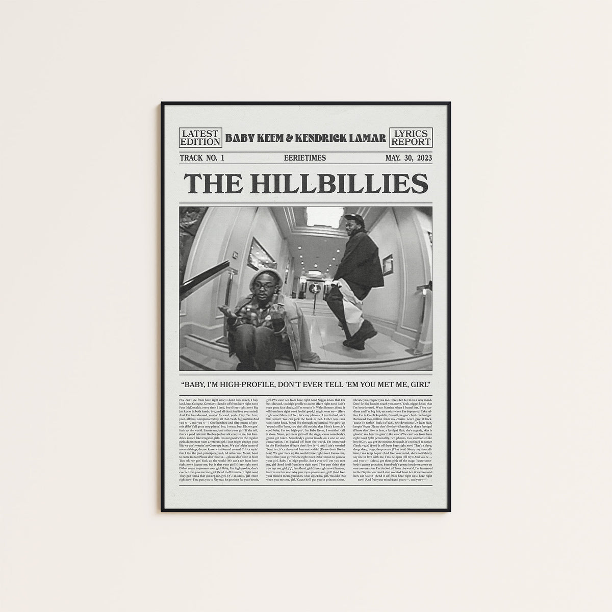 Baby Keem & Kendrick Lamar The Hillbillies newspaper poster — black frame display