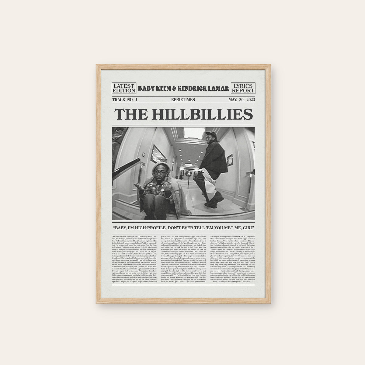 Baby Keem & Kendrick Lamar The Hillbillies newspaper poster — natural wood frame